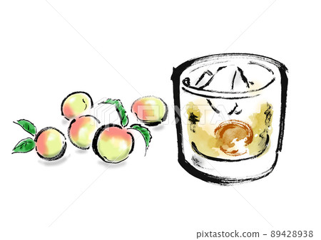 Hand-painted Japanese-style illustration of plum fruit and plum wine in a glass 89428938