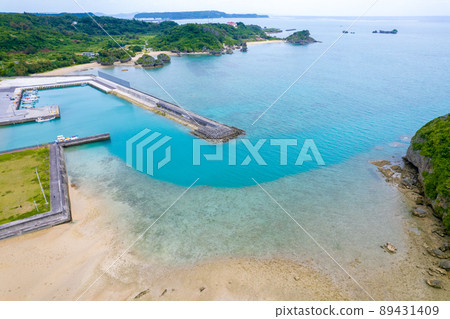 Drone photography of the mysterious Shirumichu beach and fishing port of tropical Okinawa 89431409