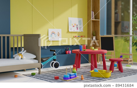 Cute colourful kids bedroom interior design with creative kid toys 89431684