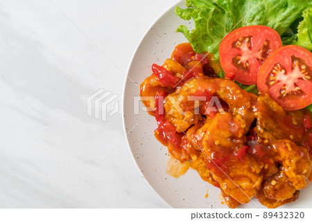 Fried fish topped with 3 flavors chili sauce 89432320