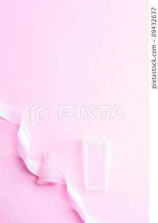 Menstrual cycle sanitary cup. Pink ribbon with menstrual cup. Menstruation feminine period. Sanitary hygiene banner. Use menstrual cup inside vagina. Menstrual cycle sanitary cup. Pink ribbon with menstrual cup. Menstruation feminine period. Sanitary hygiene banner. Use menstrual cup inside vagina. 89432637