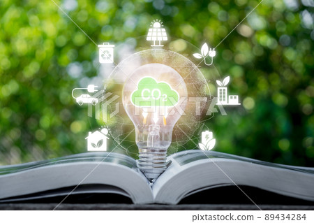 Reduce CO2 emission concept, Light bulb with CO2 icon on virtual screen, Sustainable development and green business based on renewable energy, electric transport. Reduce CO2 emission concept, Light bulb with CO2 icon on virtual screen, Sustainable development and green business based on renewable energy, electric transport. 89434284