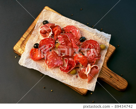 Spanish cold meat assortment. Chorizo, fuet, LOMO, jamon Iberico, olives. Black background. Top view. 89434742