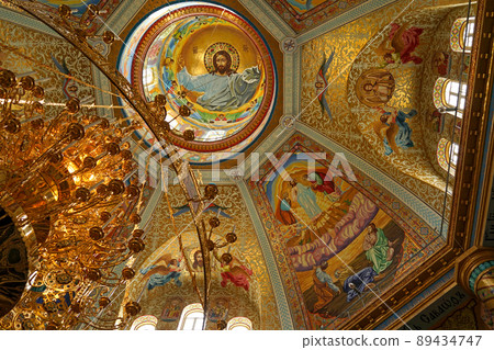 religious buildings. Pochayiv, Ukraine - interior decoration of the cathedral in the Pochaev Lavra. Interior of Holy Dormition Pochayiv Lavra, Ukraine. May 2021 89434747