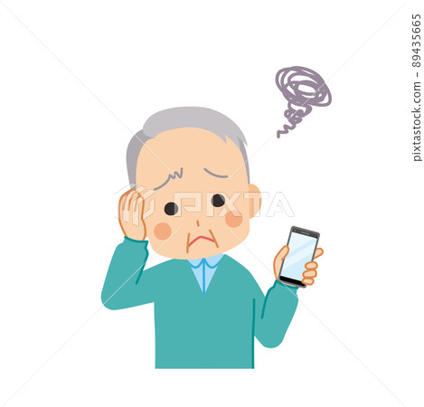 Illustration of a cute senior man who is worried about holding a smartphone White background Clip art Upper body vector 89435665