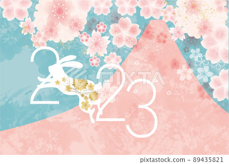 2023 New Year's card template Mt. Fuji rabbit silhouette Japanese style wisteria cherry blossoms blizzard 89435821