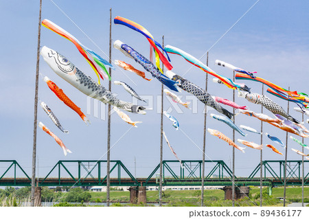 Carp streamer on the riverbed of the Onga River, Nakama City, Fukuoka Prefecture Carp streamer on the riverbed of the Onga River, Nakama City, Fukuoka Prefecture 89436177