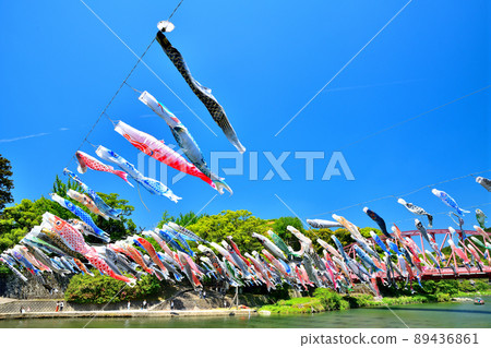 五月鯉魚在香噴噴的佐賀縣川上峽谷游泳 89436861