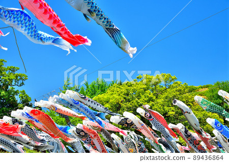 五月鯉魚在香噴噴的佐賀縣川上峽谷游泳 89436864