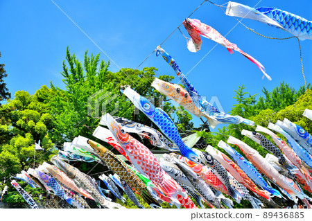 五月鯉魚在香噴噴的佐賀縣川上峽谷游泳 89436885