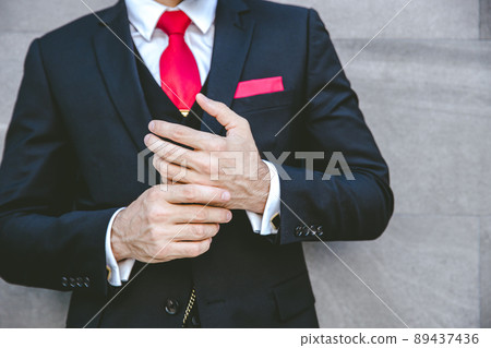 closeup neat suite dressing of gentle man. manager businessman lawyer formal dress clothes standing hand. 89437436