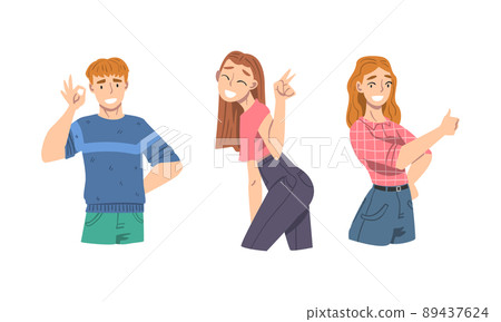 Elated Male and Female Showing V Sign and Thumb Up as Approval or Agreement Gesture Vector Set 89437624