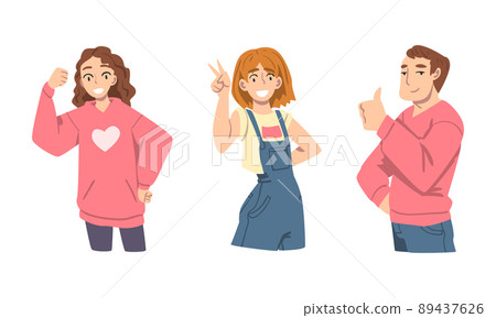 Elated Male and Female Showing V Sign and Thumb Up as Approval or Agreement Gesture Vector Set 89437626