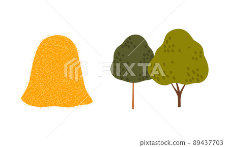Stack of Dry Hay and Green Garden Tree with Trunk and Crown Vector Illustration Set 89437703