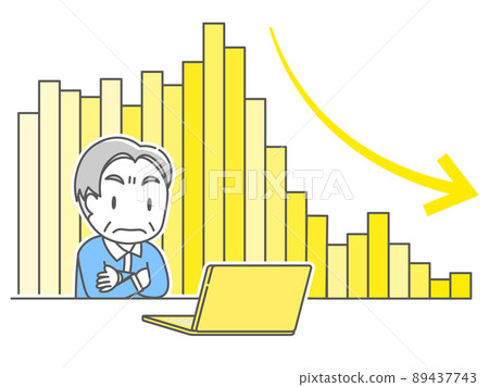 A senior man who thinks by looking at the chart that goes down to the right on a computer 89437743