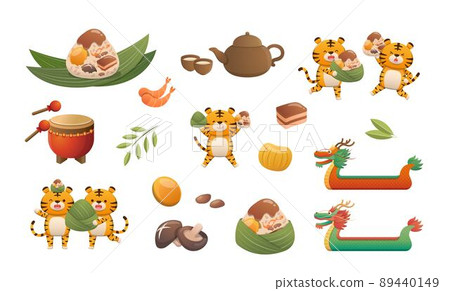 Chinese festivals: Dragon Boat Festival cute and playful tiger, zongzi bamboo leaf teapot dragon boat drum elements set Chinese festivals: Dragon Boat Festival cute and playful tiger, zongzi bamboo leaf teapot dragon boat drum elements set 89440149