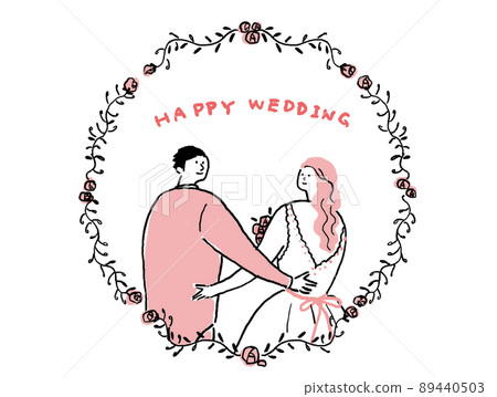 Women in wedding dress and men in black tie, flower frame, with text (horizontal, large size, centered) 89440503