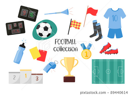 Football elements set. Vector collection of soccer game objects isolated on white background. Flat illustration of ball for football sport game, equipment and cloth 89440614