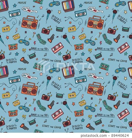 Retro colorful 90s pattern. Doodles seamless background. 1990s nostalgia. Trendy vector pattern for vintage designs Retro colorful 90s pattern. Doodles seamless background. 1990s nostalgia. Trendy vector pattern for vintage designs 89440624
