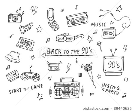 90s doodle set. Vector collection of retro electronics and things from 1990s. Trendy vintage design elements on white background. Back to 90s doodle illustration 89440625