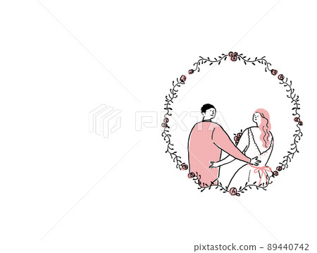 穿婚紗的女士和穿黑色領帶的男士，花框，無文字（水平，正確放置） 89440742