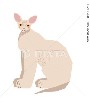 The sphinx cat sits sideways. Cute kitten with big ears and yellow eyes. A disproportionate pet with a larger body and a small head. Vector illustration in a flat style. The sphinx cat sits sideways. Cute kitten with big ears and yellow eyes. A disproportionate pet with a larger body and a small head. Vector illustration in a flat style. 89441241