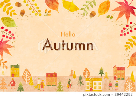Autumn cityscape and people vector illustration background (banner, poster, cityscape, people, plants, fallen leaves, leaves) 89442292