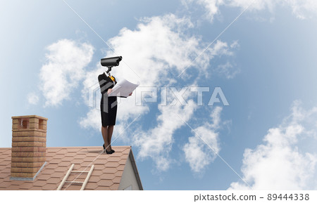 Concept of security and privacy protection with camera headed woman Concept of security and privacy protection with camera headed woman 89444338