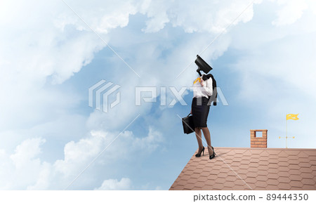 Concept of security and privacy protection with camera headed woman Concept of security and privacy protection with camera headed woman 89444350