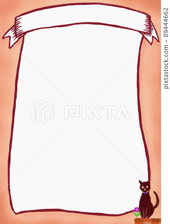 Background material that can be used for leaflets and various announcements with hand-painted scrolls, ribbons and cats on the white background 89444662