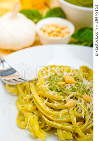 Italian traditional basil pesto pasta ingredients 89445153