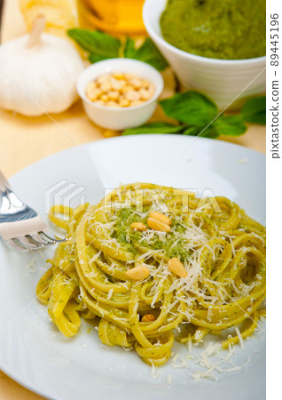 Italian traditional basil pesto pasta ingredients 89445196