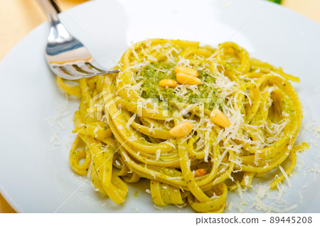Italian traditional basil pesto pasta ingredients 89445208
