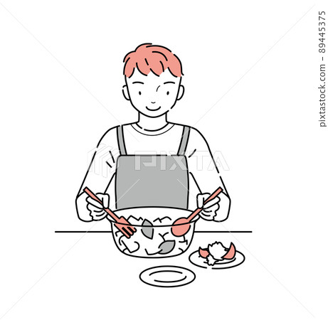 一個年輕人在碗裡端上沙拉的插圖 89445375