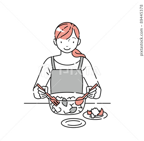 Illustration of a young woman serving salad in a bowl 89445378