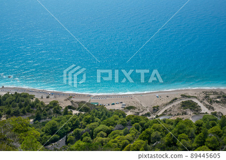 Gialos beach seascape view from above. Ionian Sea, Lefkada island, Greece. Beautiful blue sea water and wild beach. 89445605