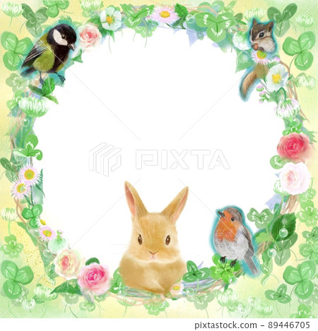 Illustration of four-leaf clover and white clover watercolor-style flower wreath, bird, chipmunk and rabbit 89446705
