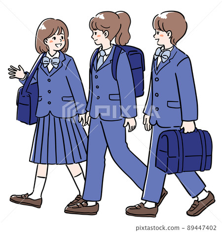 Illustration of a student wearing a genderless uniform and going to school Illustration of a student wearing a genderless uniform and going to school 89447402