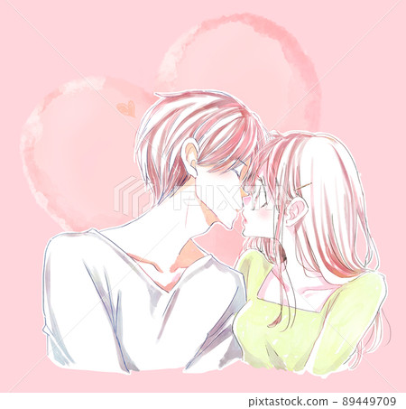 Men and women trying to kiss heart-shaped 89449709
