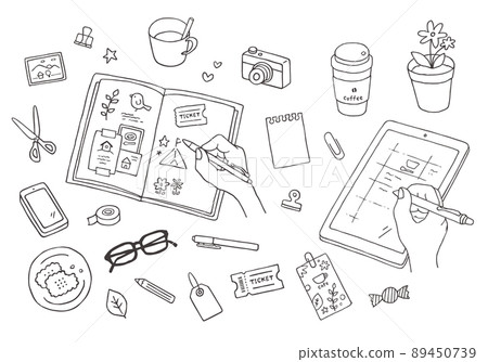 Illustrations of scraps and notes on notebooks and tablets (monochrome) 89450739