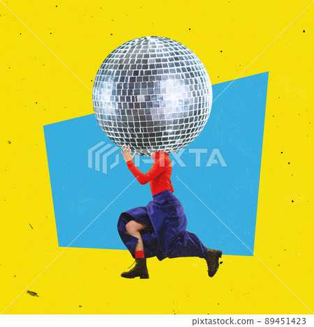 Contemporary art collage. Woman dancing with retro disco ball head isolated over yellow background. Party time Contemporary art collage. Woman dancing with retro disco ball head isolated over yellow background. Party time 89451423
