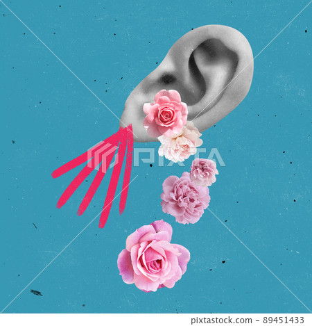 Contemporary art collage. Female ear with beautiful rose flowers and drawn earrings isolated over blue background Contemporary art collage. Female ear with beautiful rose flowers and drawn earrings isolated over blue background 89451433
