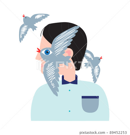 Person with birds above his head. Mental health concept. Abstract vector illustration for people mood and states of mind 89452253