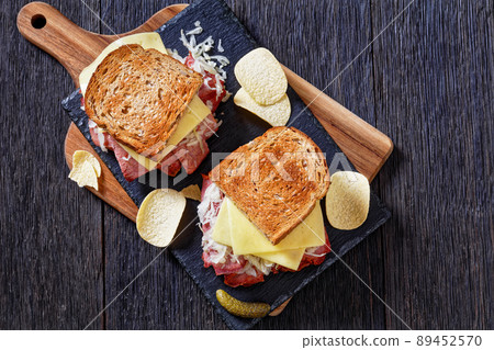 reuben sandwich with corned beef, top view reuben sandwich with corned beef, top view 89452570