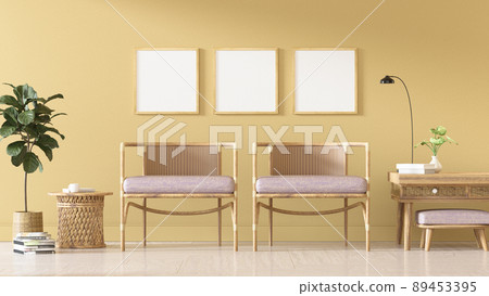 Square poster mockup with Three  frames on the empty yellow wall in living room interior, Living room, 3D Rendering 89453395