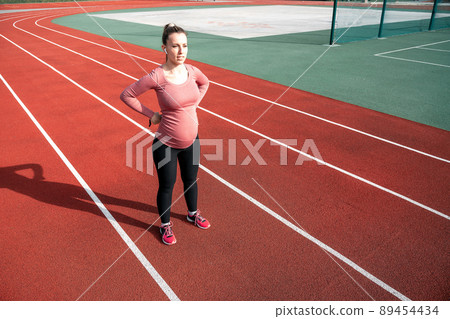 Pregnancy exercise. Pregnant woman training yoga sport exercise. Prenatal healthy fitness active fit gym outside. Pregnancy running. Pregnancy exercise. Pregnant woman training yoga sport exercise. Prenatal healthy fitness active fit gym outside. Pregnancy running. 89454434