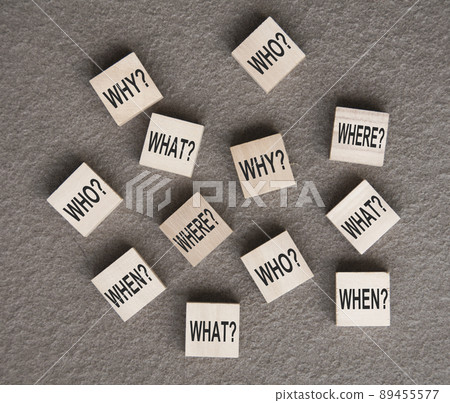 Text on wooden blocks with grey background - Why, what, when, where, who. Fact finding concept 89455577