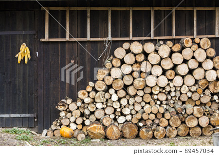 Neatly stacked big pile of chopped fire wood logs prepared for winter at vintage wooden barn wall with slate roof, ladder and corn cobs bundles on bright sunny day. Peasant traditional lifestyle. Neatly stacked big pile of chopped fire wood logs prepared for winter at vintage wooden barn wall with slate roof, ladder and corn cobs bundles on bright sunny day. Peasant traditional lifestyle. 89457034