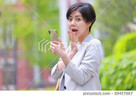 A woman who is surprised to see a smartphone and holds her mouth in her hand 2 89457667