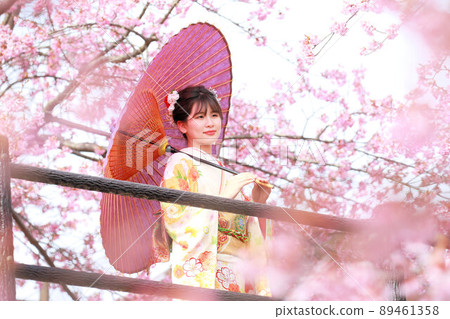 New adult woman in Kawazu cherry blossoms and pale color kimono, adult kimono shooting, location shooting in kimono 89461358